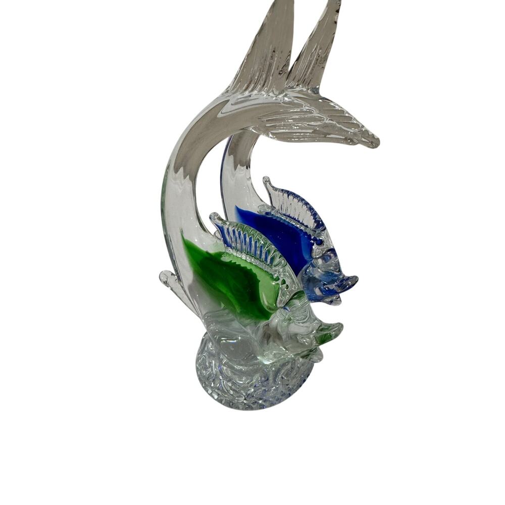 Murano Italy Green Blue Double Fish Glass Statue